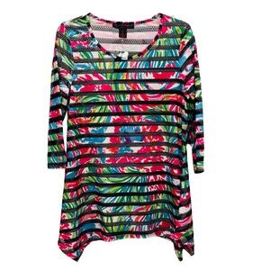 Pleats Collection Artsy 3/4 Sleeve Bright Colors Black Inset Open Crochet Tunic